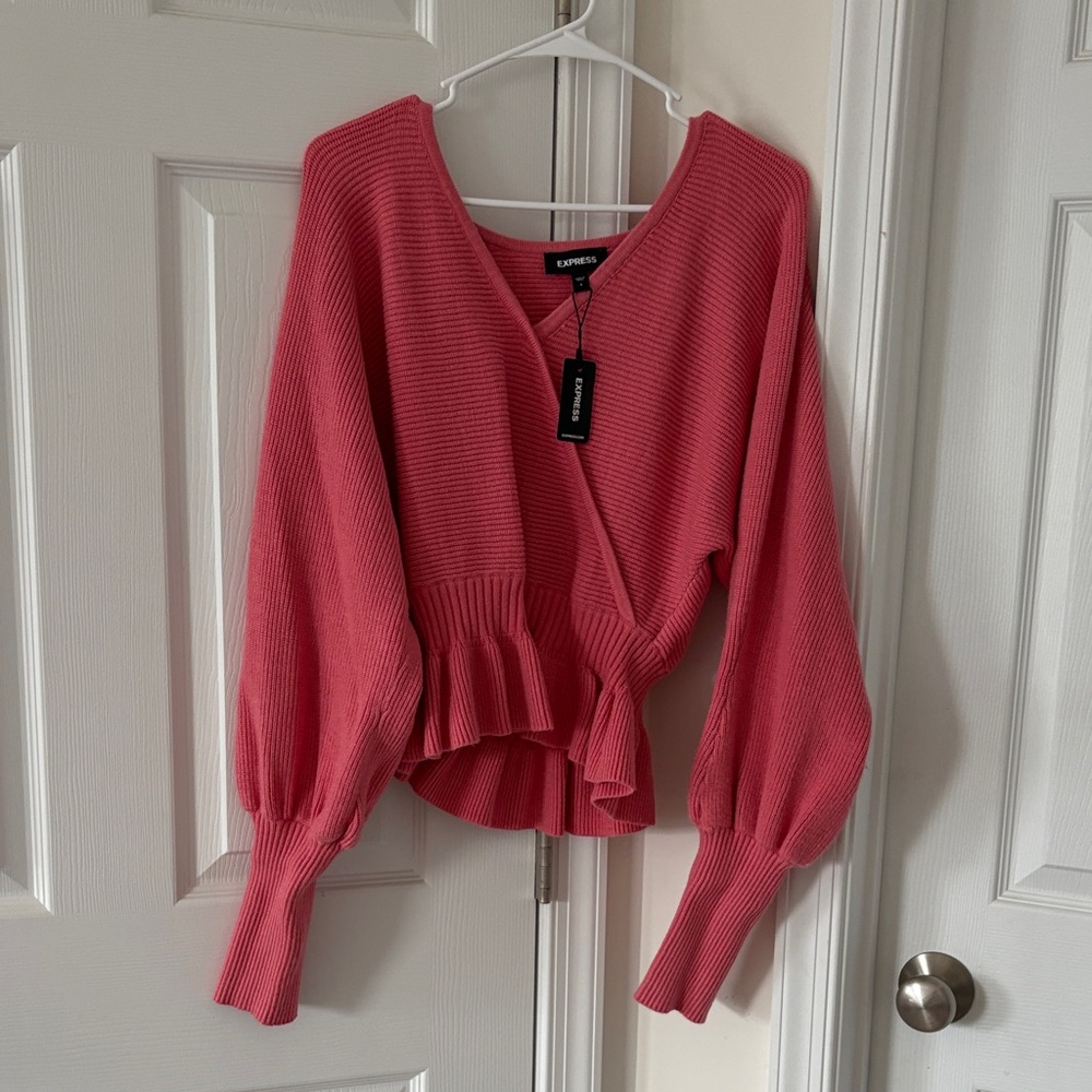 Express Ribbed V-Neck Wrap Peplum Sweater - Picture 1 of 5